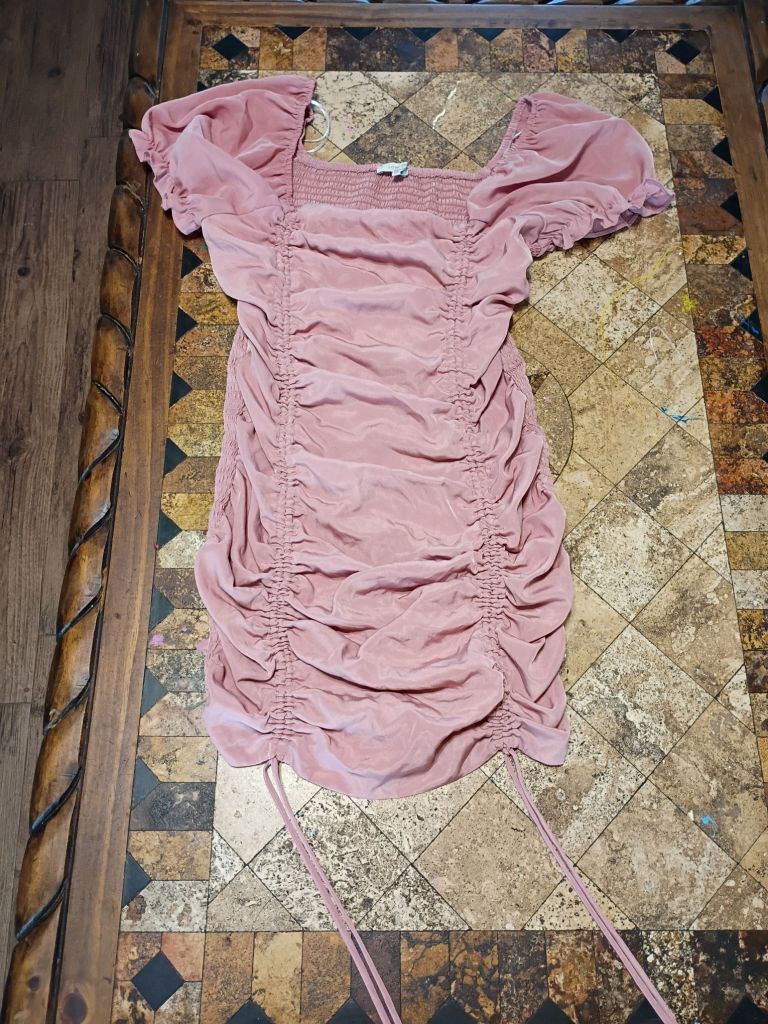 Selling Pink ruched mini dress with puffy sleeves Size L #party #feminine
