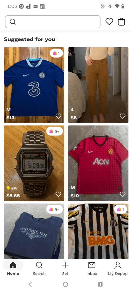 Demonstration of Depop's home screen and the tab for selling items.